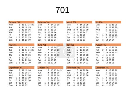 Ilustración de Calendario del año 701 en lengua inglesa - Imagen libre de derechos