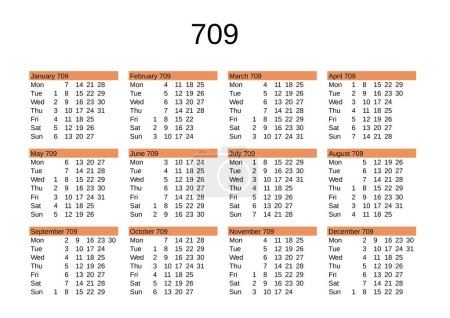 Téléchargez les illustrations : Calendrier de l'année 709 en langue anglaise - en licence libre de droit
