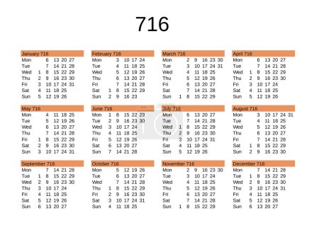 Illustration for Calendar of year 716 in English language - Royalty Free Image