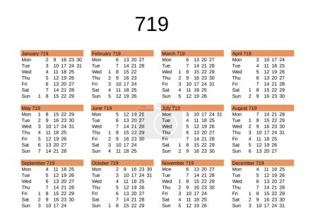 Ilustración de Calendario del año 719 en lengua inglesa - Imagen libre de derechos