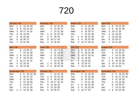 Illustration for Calendar of year 720 in English language - Royalty Free Image