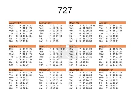 Ilustración de Calendario del año 727 en lengua inglesa - Imagen libre de derechos