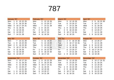Illustration for Calendar of year 787 in English language - Royalty Free Image