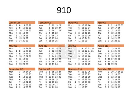 Ilustración de Calendario del año 910 en inglés - Imagen libre de derechos