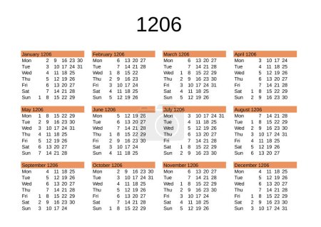 Ilustración de Calendario del año 1206 en inglés - Imagen libre de derechos