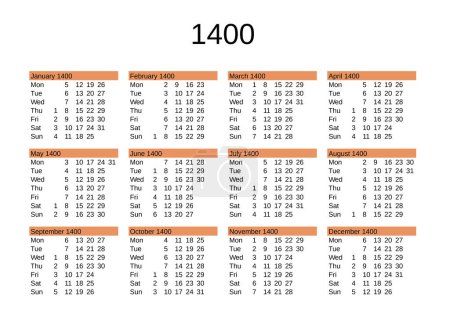 Ilustración de Calendario del año 1400 en inglés - Imagen libre de derechos