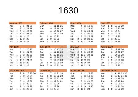 Ilustración de Calendario del año 1630 en inglés - Imagen libre de derechos