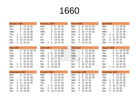 Ilustración de Calendario del año 1660 en lengua inglesa - Imagen libre de derechos