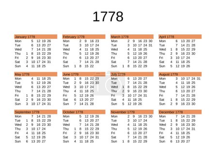 Illustration for Calendar of year 1778 in English language - Royalty Free Image