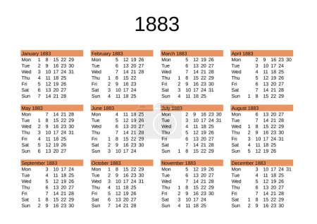 Illustration for Calendar of year 1883 in English language - Royalty Free Image
