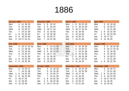Illustration for Calendar of year 1886 in English language - Royalty Free Image