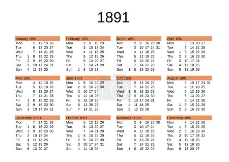 Ilustración de Calendario del año 1891 en inglés - Imagen libre de derechos