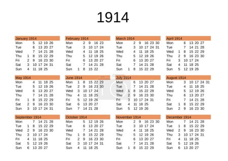 Illustration for Calendar of year 1914 in English language - Royalty Free Image