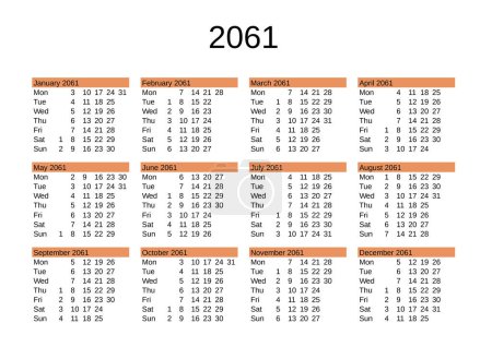 Illustration for Calendar of year 2061 in English language - Royalty Free Image