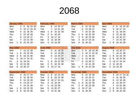 Illustration for Calendar of year 2068 in English language - Royalty Free Image