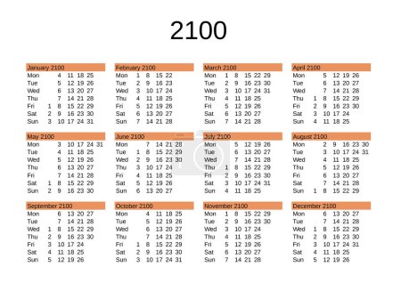 Illustration for Calendar of year 2100 in English language - Royalty Free Image