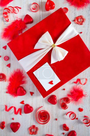 Photo for St. Valentine's day decorations on white wooden surface, top view - Royalty Free Image