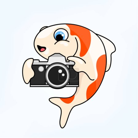 Téléchargez les photos : Illustration vectorielle d'un poisson koï prenant une photo à l'aide d'un appareil photo vintage - en image libre de droit