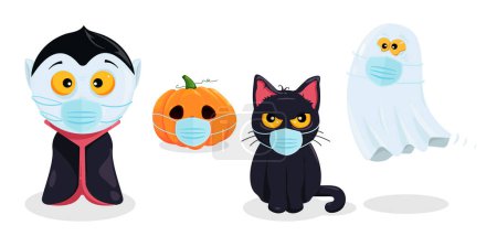 Téléchargez les photos : Jeu de dessins animés de personnages d'Halloween avec des masques - en image libre de droit