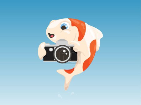 Téléchargez les photos : Illustration vectorielle d'un poisson koï prenant une photo à l'aide d'un appareil photo vintage - en image libre de droit