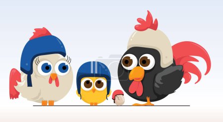 Illustration for Vector illustration of a chicken, rooster, chick and an egg wearing helmets - Royalty Free Image