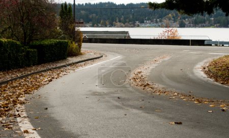 Foto de Intersección vacía cerca del lago Sammamish con la superficie de la carretera cubierta por hojas caídas, Redmond, Washington - Imagen libre de derechos