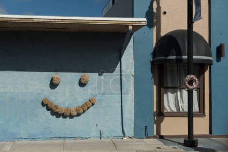 Foto de Cara sonriente hecha de esponjas colgando en la pared azul cerca de Tarpon Spring, muelles de esponja - Imagen libre de derechos