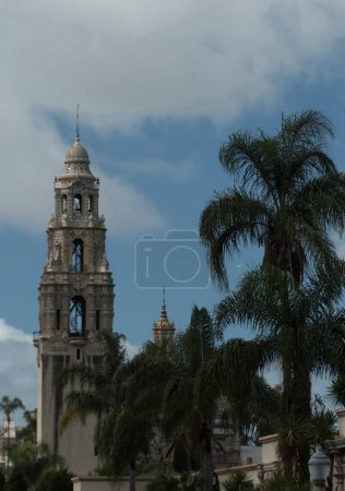 California bell tower and dome at the entrance of Balboa park, San Diego