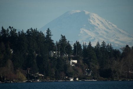 Looking at Ranier from Evergreen Floating Bridge, with Medina houses in front, Washington
