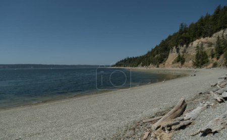 Litoral cubierta de guijarros en Cama Beach, Camano State Park, Washington