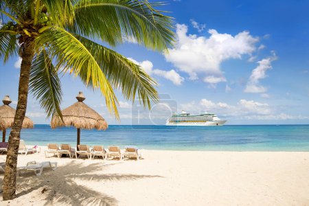 Téléchargez les photos : Vue depuis la plage tropicale sur un bateau de croisière naviguant depuis le port - en image libre de droit