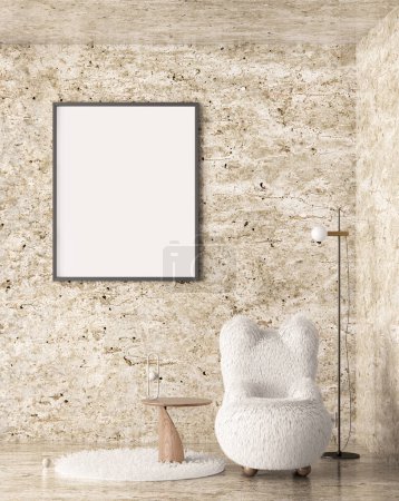 Foto de Simular marco de póster en el fondo interior moderno, sala de estar, estilo escandinavo. Diseño interior moderno con sillón de piel, mesa de centro, lámpara de pie y pared de piedra. Ilustración, representación 3d - Imagen libre de derechos