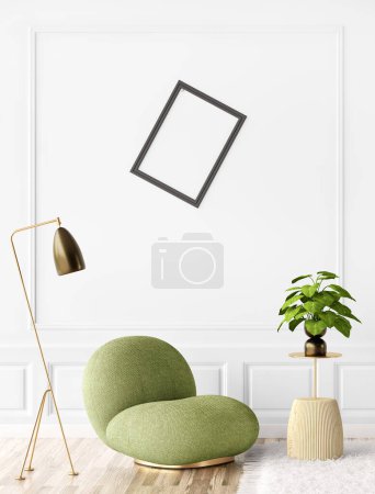 Foto de Marco del cartel de la maqueta en el fondo interior moderno, sala de estar, estilo escandinavo, renderizado 3D, ilustración 3D - Imagen libre de derechos