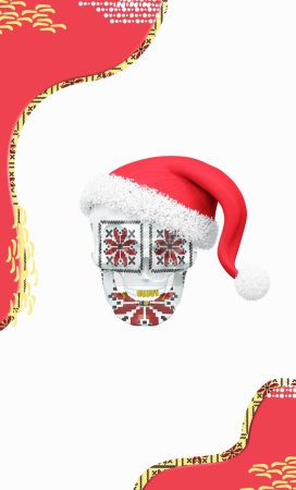 Foto de Calavera está decorado con un patrón bordado vestido con sombrero de Navidad, concepto en Santa Claus, diseño divertido y creativo o publicidad. Patrón étnico ucraniano. Ilustración, representación 3D - Imagen libre de derechos