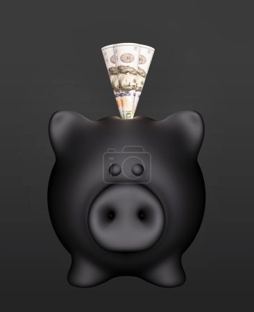 Foto de Hucha negra con dinero, concepto de publicidad de viernes negro sobre fondo aislado, representación 3d, ilustración de billetes de 100 dólares - Imagen libre de derechos