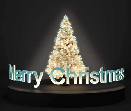Foto de Árbol de Navidad de oro se encuentra en un podio negro con la inscripción Feliz Navidad. Ilustración, representación 3D. Tarjeta de felicitación elegante - Imagen libre de derechos