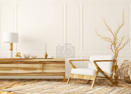 Photo for Modern interior design of living room with armchair, plaid and branch, dresser with home decor, beige paneling wall. Design apartment. 3d rendering - Royalty Free Image