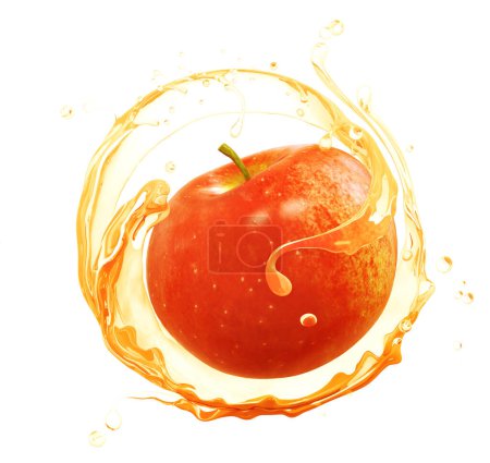 Foto de Manzana jugosa en salpicaduras de jugo de manzana para publicidad, manzana fresca, manzana en miel. Ilustración 3D renderizado - Imagen libre de derechos