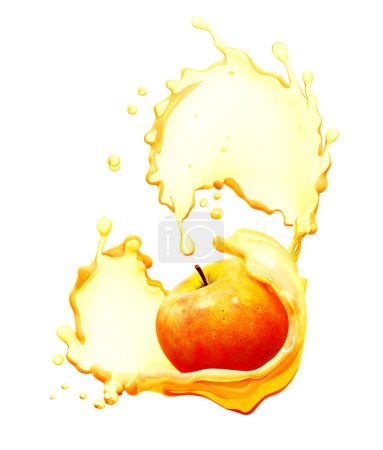 Foto de Manzana jugosa en salpicaduras de jugo de manzana para publicidad, manzana fresca. Ilustración 3D renderizado - Imagen libre de derechos