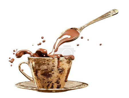 Foto de Salpicadura de salsa o jarabe de chocolate derretido en caliente, bebida de cacao en taza de lujo dorado con ilustración de cuchara 3d renderizado - Imagen libre de derechos
