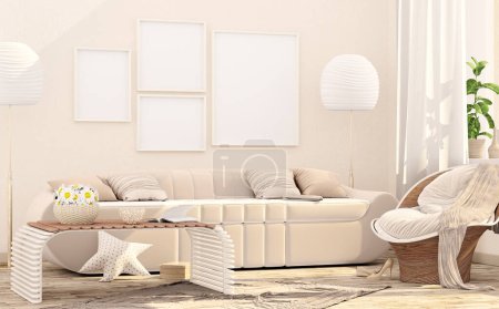 Foto de Maqueta de marco de póster en el fondo interior moderno, sala de estar, estilo escandinavo. Diseño interior moderno con sillón, sofá, mesa de centro, lámpara de pie, planta y alfombra, 3d renderizado - Imagen libre de derechos