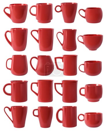Foto de Conjunto de tazas rojas realistas aisladas sobre un fondo blanco. Conjunto de copa blanca realista. Plantillas para diseño. Ilustración, representación 3d - Imagen libre de derechos