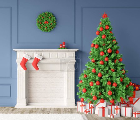Foto de Interior de la casa moderna con chimenea y árbol de Navidad en el interior.Escena de Navidad. representación 3d, Ilustración - Imagen libre de derechos