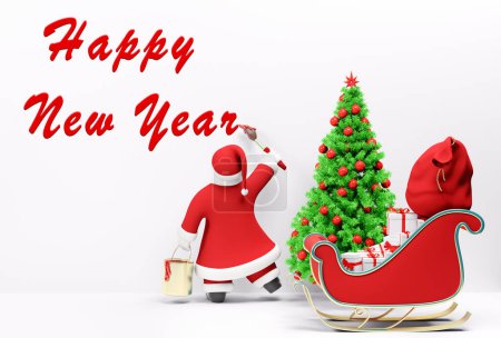 Foto de Santa Claus escribe pintura Feliz Año Nuevo, junto a ella son trineo con regalos y árbol de Navidad. Tarjeta de Año Nuevo. Ilustración, representación 3D - Imagen libre de derechos