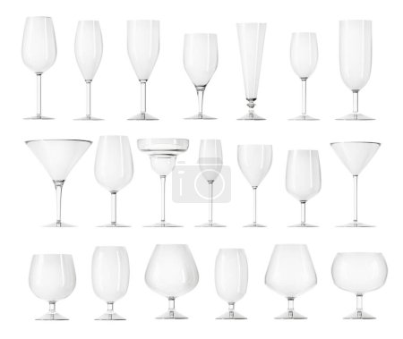 Foto de Set de diferentes vasos vacíos para vino, martini, champán y otros sobre fondo blanco. Set de ilustración copa de vino 3d renderizado - Imagen libre de derechos