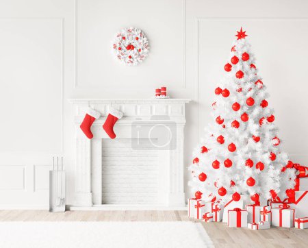 Foto de Interior de la casa moderna con chimenea y árbol de Navidad en colores blanco y rojo, escena de hristmas. Ilustración de representación 3d, - Imagen libre de derechos