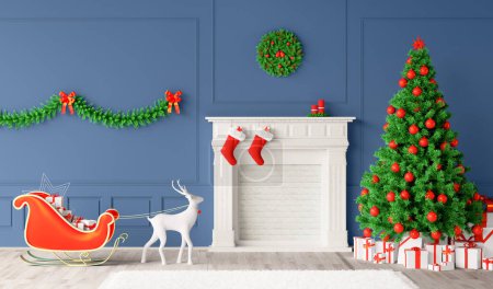 Foto de Interior de la casa moderna con chimenea y árbol de Navidad en el interior, trineo santa y ciervos. Escena de Navidad. representación 3d, Ilustración - Imagen libre de derechos
