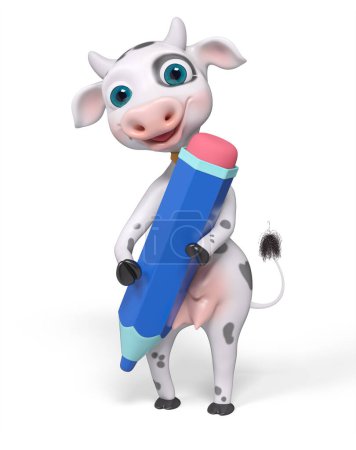 Foto de Caricatura personaje vaca sostiene lápiz en las manos aisladas, 3d renderizado - Imagen libre de derechos