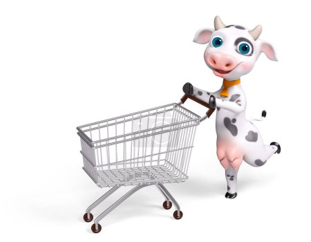Foto de Caricatura personaje vaca corriendo con carro de la compra aislado, 3d renderizado - Imagen libre de derechos