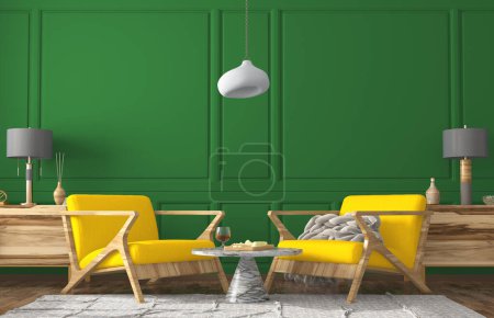 Foto de Moderno diseño interior de la sala de estar con sillones amarillos, mesa de centro con comida, cómoda con decoración casera, paneles de pared verdes, lámparas y cuadros. Apartamento de diseño. renderizado 3d - Imagen libre de derechos
